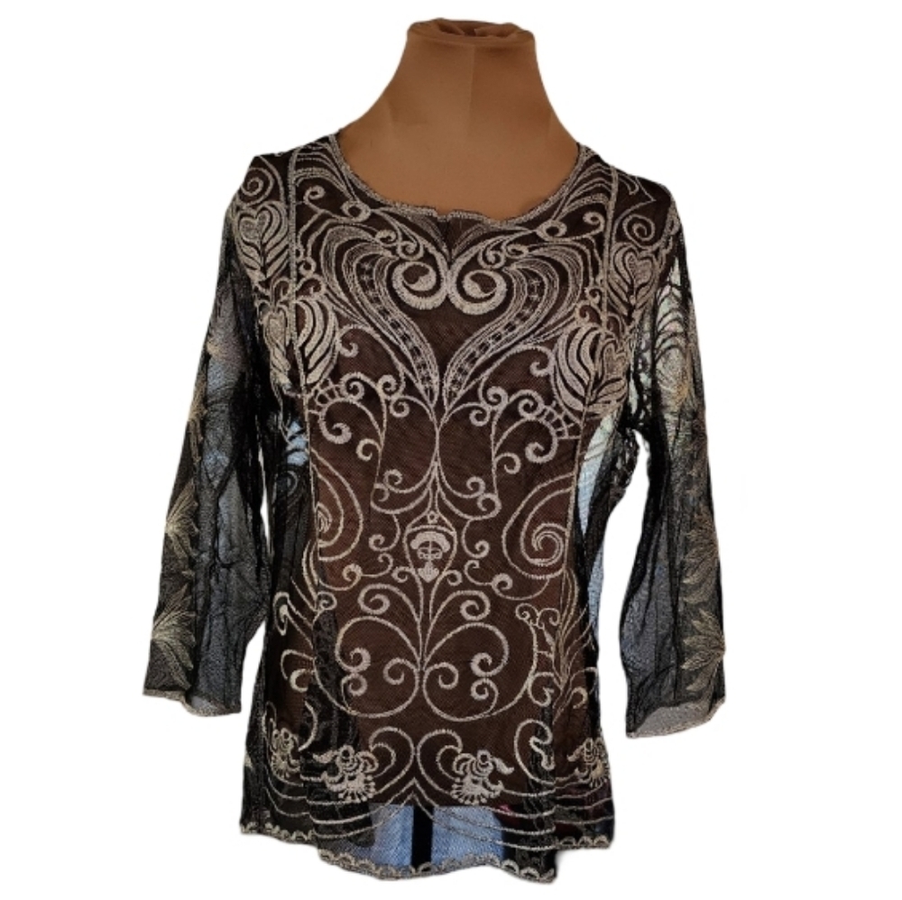 Ultra Pink Black Mesh‎ Beige and Gold Embroidered Blouse Women's Large